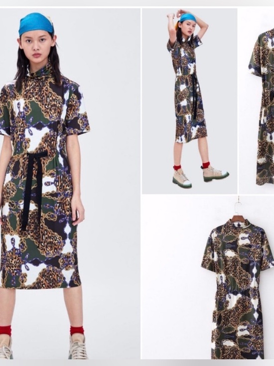 Zara Dresses & Skirts - Zara Green/Black/White Leopard-Print Short-Sleeve Midi Dress NWT Medium
